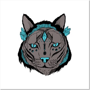 Blue Grey Mystical Tribal Cat Posters and Art